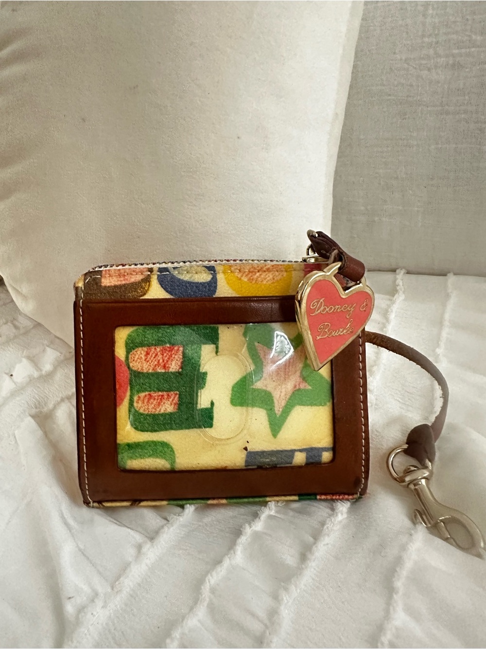 Dooney & Bourke Brown Leather Multi-Color ID Wristlet with Heart Charm